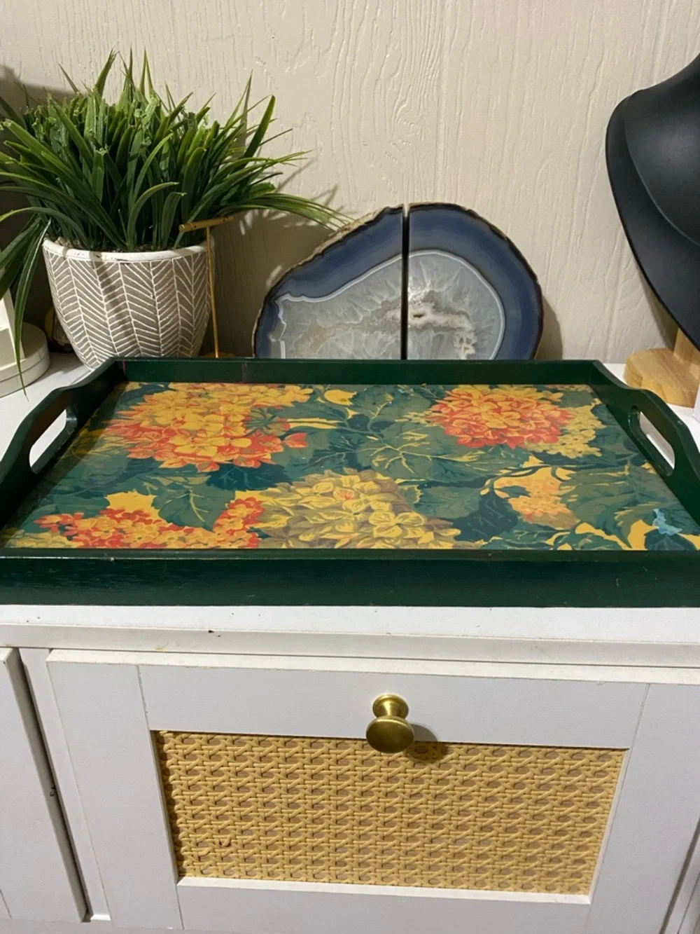 Vintage Green Floral Vanity Tray with Yellow & Orange Blooms